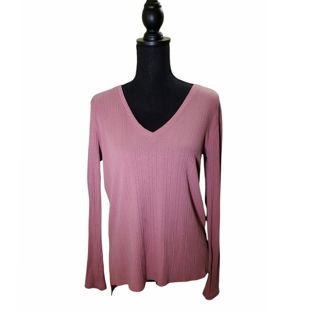 Forever 21 L Ribbed Long Sleeve V Neck Blush